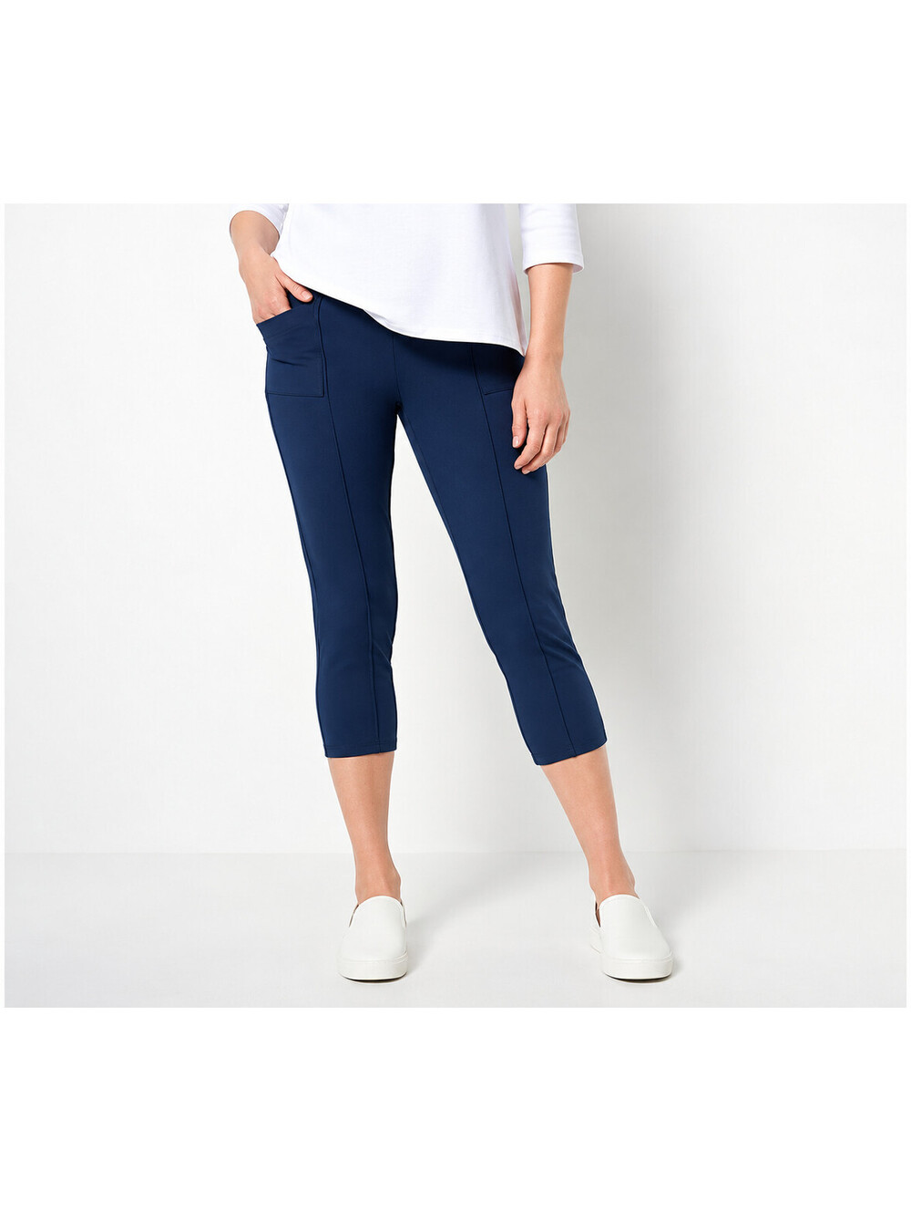Denim & Co. Active Duo Stretch Pockets Pull On Capri Pant Navy, Size X-Small